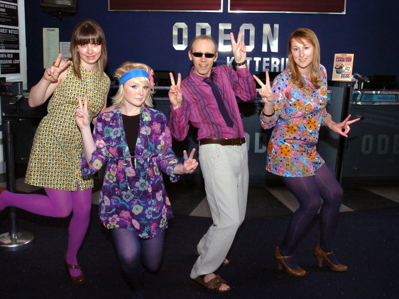 Kettering, Odeon Cinema, 'The Boat That Rocked' preview recreation of Abbey Rd, Beatles cover. L-r Jemima Smith, Felicity Powers, Simon Hopkins, Mandy Fox.Friday, 27 March 2009 : Retro special from the archive of the Odeon, Kettering