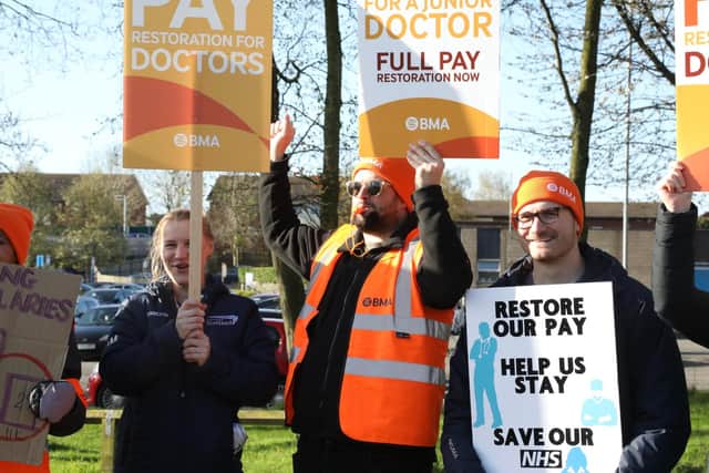 Junior doctors on the picket line outside Kettering General Hospital at the start of the four-day strike by BMA members