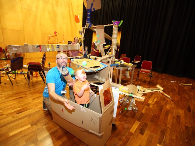 The Core at Corby Cube 5th birthday celebrations - giant marble run with Nick Walker, director of The Core at Corby Cube with marble run maker Matthew Mauro, 2 (November 2015)
