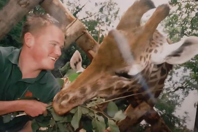 Anthony with Sofie the Giraffe at Dudley Zoo