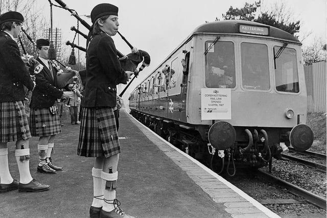 A piped send-off for the train as it leaves Corby Station en route to Kettering in 1987.