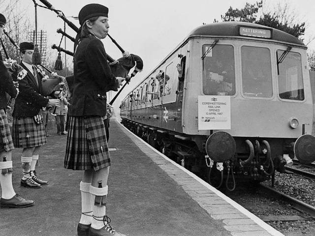 A piped send-off for the train as it leaves Corby Station en route to Kettering in 1987.