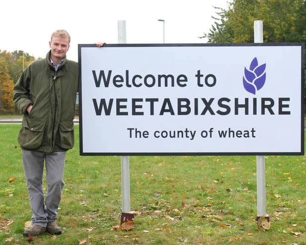 Jim Beaty, farmer, in front of a ‘Welcome to Weetabixshire’ sign which has been erected in the Northamptonshire town of Burton Latimer to mark the new proposed county lines of Weetabixshire (Photo credit: Michael Leckie/PA Wire)