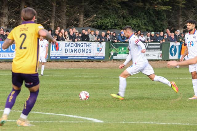 Matty Warburton is about to strike the match-winning goal for AFC Rushden & Diamonds (Picture: Shaun Frankham)