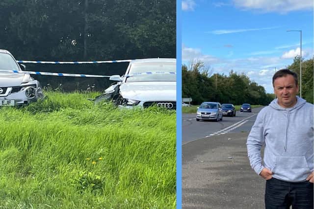 Cllr Simon Rielly at the dangerous A6003 / Danesholme Road junction and (left) some of the damage left after Friday's accident. Image: Cllr Simon Rielly / NationalWorld
