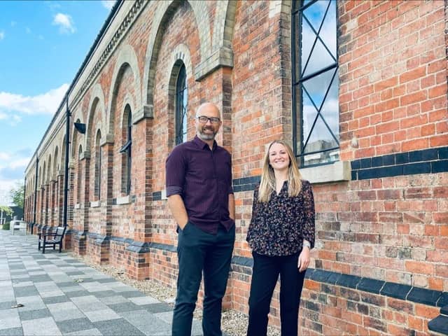 Tim Dobson and Emma Gill outside The Engine Shed at University of Northampton's Waterside campus