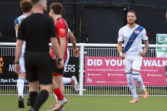 Rhys Sharpe celebrates after firing Kettering into a 1-0 lead at Mickleover (Picture: Peter Short)