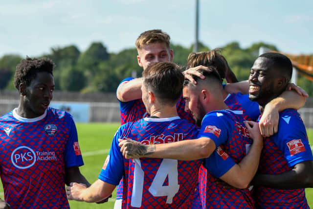 The AFC Rushden & Diamonds players celebrate Patrick Casey's goal in the defeat at Basford United last weekend. Picture courtesy of Hawkins Images