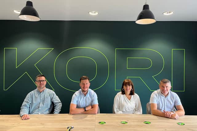 (l-r) Tony Robinson, pre-construction director; Jordan Connachie, managing director; Sue Bird, finance director, and; Steve Culbert, founder and director of Kori Construction,
under the company’s new name and branding.