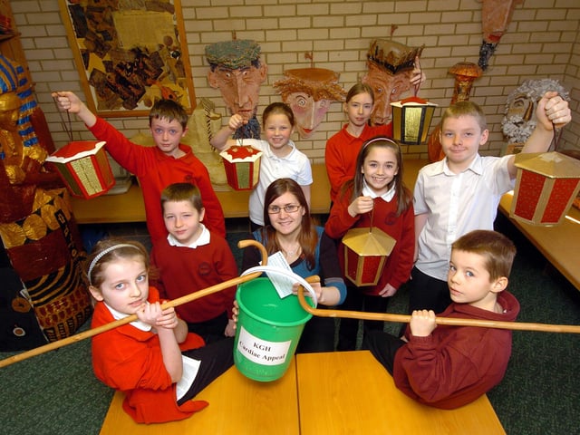 Wellingborough, Redwell Junior School, £205 to Cardiac Care Appeal l-r Kyle Charlton, 10, Sophie Dale, 8, Charlotte Frampton, 10, front Alexandra Ghioghita, 8, Matthew Fairbrass, 8, Christina Barnsley (KGH), Anastazia Aitchison, 10, Zach Bean, 10, Harry Shipman, 7. March 2010