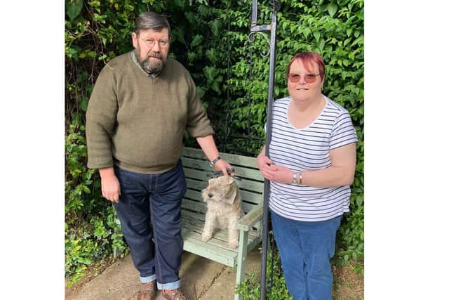 Phil Sutcliffe and Amanda Sturgess with Mabel the dog