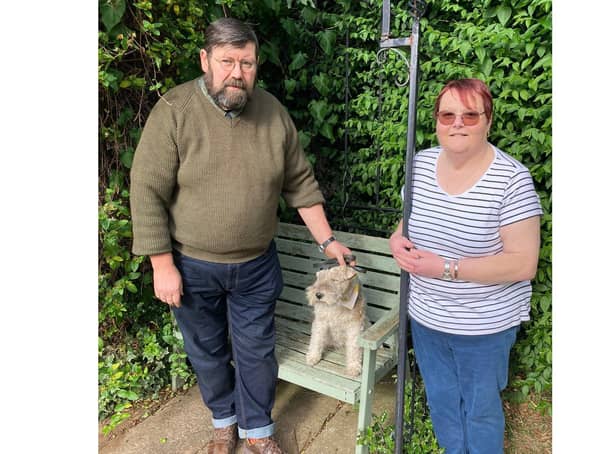 Phil Sutcliffe and Amanda Sturgess with Mabel the dog