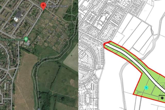 Left, a satellite image of the site as it stands and, right, a drawing showing the potential location of a new road