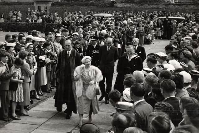 The Queen Mother visits Oundle School in 1956