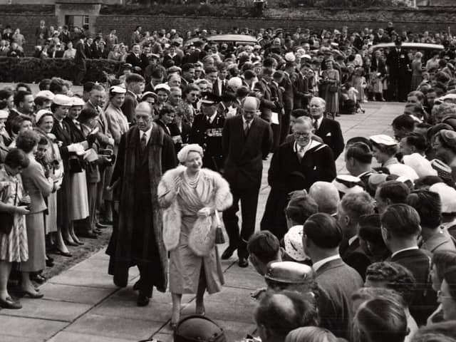 The Queen Mother visits Oundle School in 1956