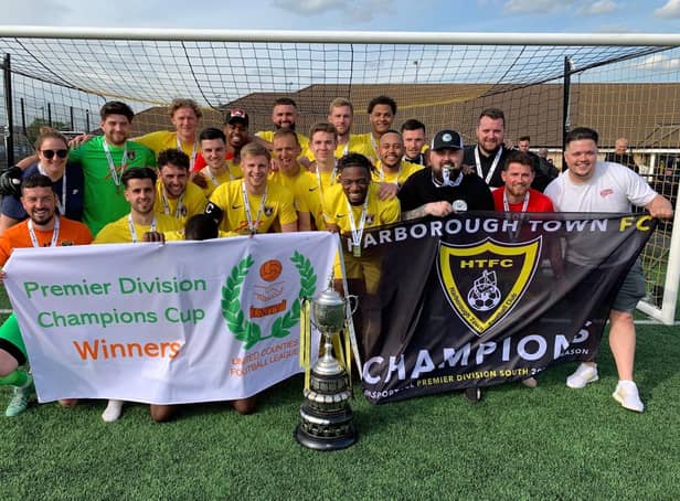 Harborough Town clinched the treble as they won the UCL Premier Division Champions Cup last weekend. Picture courtesy of Harborough Town FC