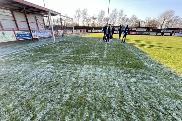 Needham Market's pitch was still frozen in some parts when the game was postponed with AFC Rushden & Diamonds' players and fans having already made their way to Suffolk. Picture by Matt Hawkins
