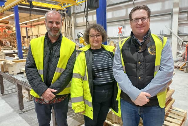 Shane Webster of Allotment Online, Haddonstone's production director Katherine Kates and Cllr David Howes
