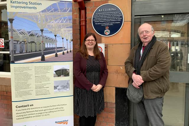 Kettering plaque unveiling. Becky Timmins, Sponsor at Network Rail (left), Cllr Larry Henson (right)
