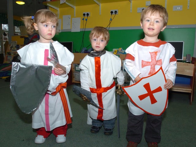 Kettering, Leapfrog Day Nursery, St George's Day celebrations l-r Sasha Bainbridge, 2, Sebastin Steward (20 months), Ioan Allen, 2. April 2008