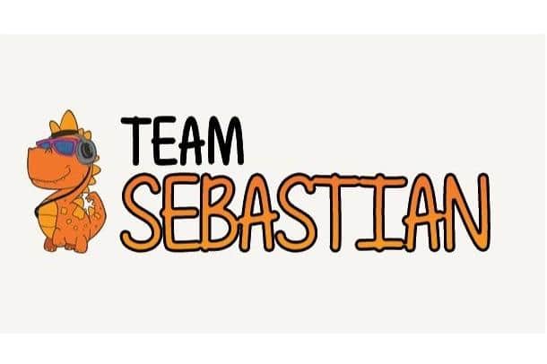 A logo has been designed to incorporate Sebastian's favourite things - orange, dinosaurs, hats and listening to music