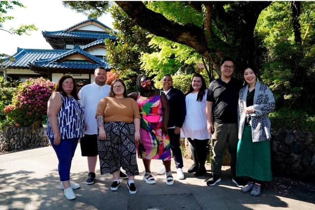 Sue (on left) with the other contestants and hosts in Japan /Around the World in 80 Weighs /Channel 4