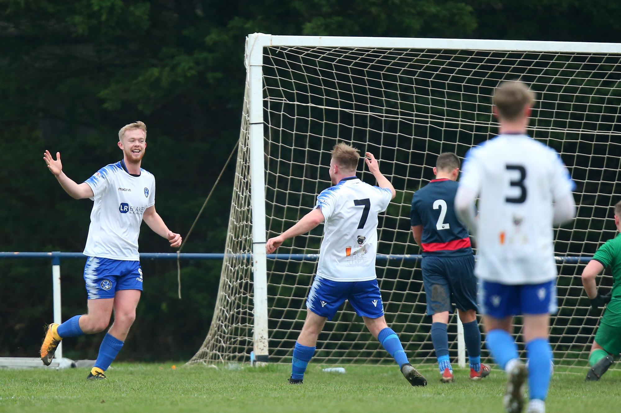 Clanfield's Jacob Mulligan, left, celebrates after putting his side 3-0 up at Paulsgrove. Picture: Chris Moorhouse (jpns 150122-42)