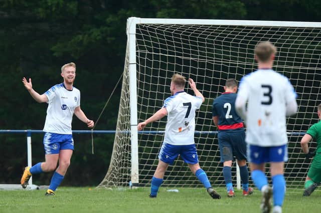 Clanfield's Jacob Mulligan, left, celebrates after putting his side 3-0 up at Paulsgrove. Picture: Chris Moorhouse (jpns 150122-42)