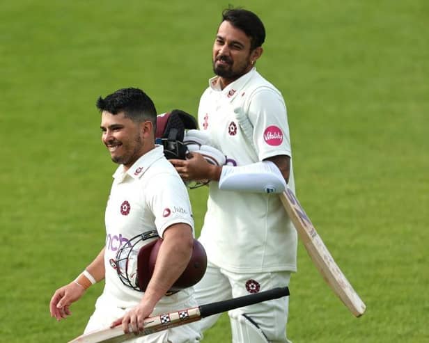 Ricardo Vasconcelos and Siddharth Kaul walk off the County Ground field after securing the draw against Yorkshire (Photo by David Rogers/Getty Images)