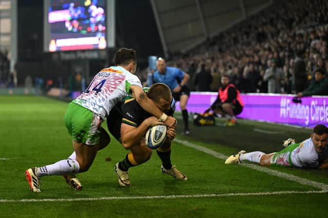 Nick David's high tackle on Ollie Sleightholme earned the Quins wing a yellow card and handed Saints a penalty try (photo by Shaun Botterill/Getty Images)