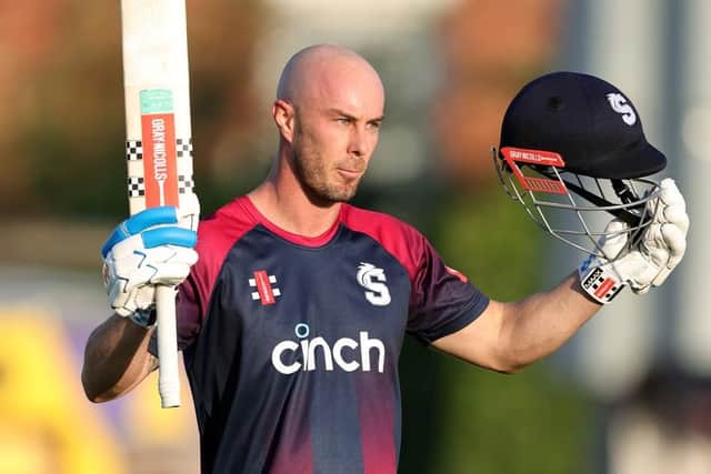 Chris Lynn celebrates after scoring a T20 century for the Steelbacks against Leicestershire in 2022