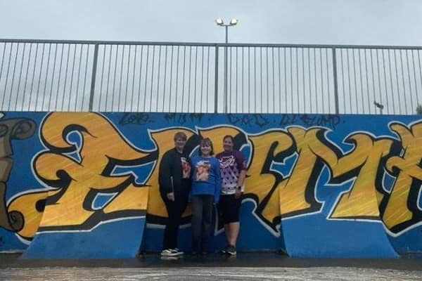 Emilie, Kelly and Flump’s 10-year-old sister Georgie visited Flump’s memorial at Kettering skate park