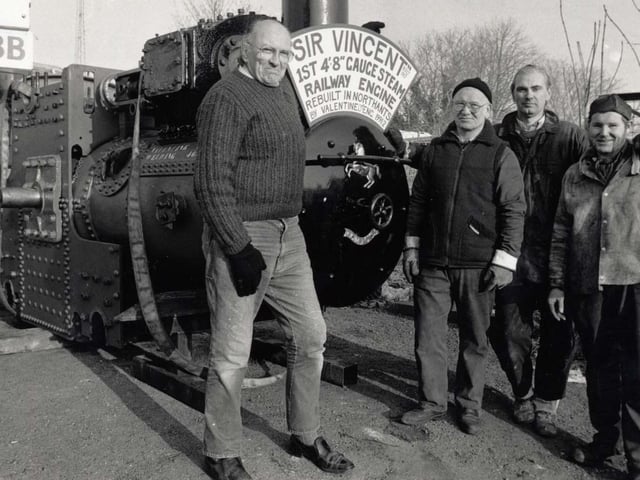 Sir Vincent at Rushden Train Station on December 12, 1991.
L-R co-owner Bob Hill, boiler maker Mike Valentine, co-owner Michael Smith, boiler maker Dave Valentine.