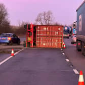 The lorry overturned on the westbound carriageway of the A14 in Northamptonshire. Photo: National Highway East Midlands/X
