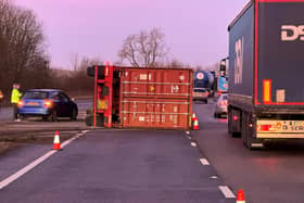 The lorry overturned on the westbound carriageway of the A14 in Northamptonshire. Photo: National Highway East Midlands/X