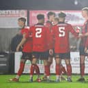 Kettering Town celebrate Harvey Peters' strike that saw them go 3-0 up against Leiston (Picture: Peter Short)