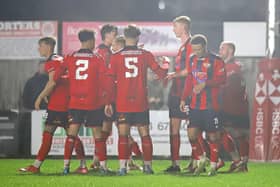 Kettering Town celebrate Harvey Peters' strike that saw them go 3-0 up against Leiston (Picture: Peter Short)