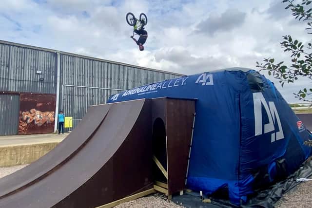 Jak Tones flipping on the new giant airbag landing at Adrenaline Alley