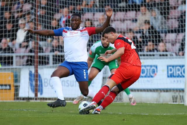 Charlie Marzano sees an early effort on goal blocked (Picture: Peter Short)
