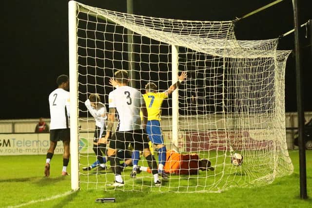 Jack O'Connor's goal at Steel Park put Wellingborough 1-0 ahead against Corby Town, but the hosts hit back to equalise as the game finished 1-1 (Picture: Rob Webb)