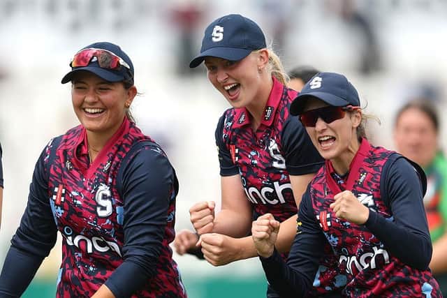 Lenny Sims (left), Amelia Kemp (centre) and Beth Ascott celebrates the Steelbacks Women's win over Leicestershire (Photo by David Rogers/Getty Images)