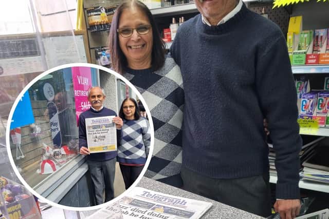 Higham Ferrers newsagent Vijay Patel, with his wife Bina, is retiring