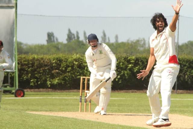 Tashwin Lukas appeals for LBW on his way to four wickets for Brigstock. Picture by Finbarr Carroll