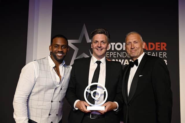 Mark Swindells pictured with host Richard Blackwood (left) and Road Angel's Stuart Patton (right).