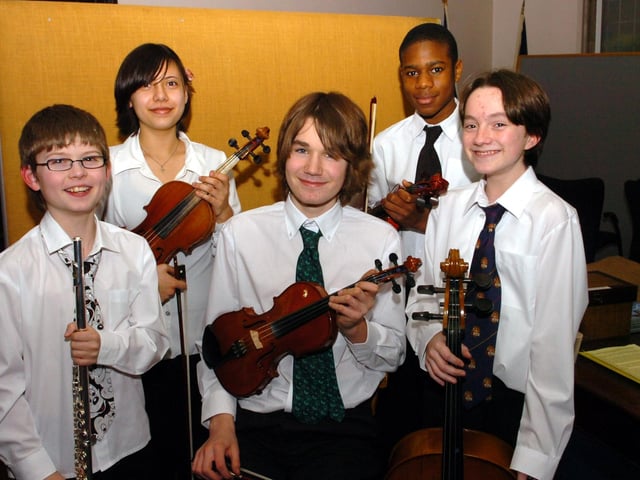 Members of the band Not Just Strings - Simon Williams, Marie Parker, Tom Avery, Gregory Ottley and John Farr. February 2007