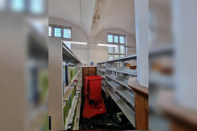 Rainwater has been leaking into wheelie bins and containers placed under the dripping Kettering Library roof
