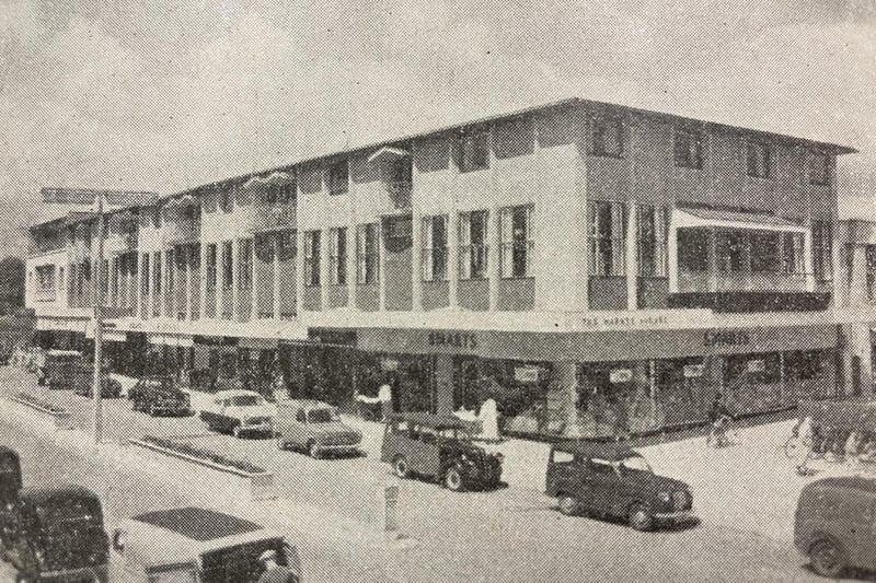 Corporation Street, Corby, pictured from New Post Office Square in the mid-1960s before the far end of the street was built. The clock is not yet in place.