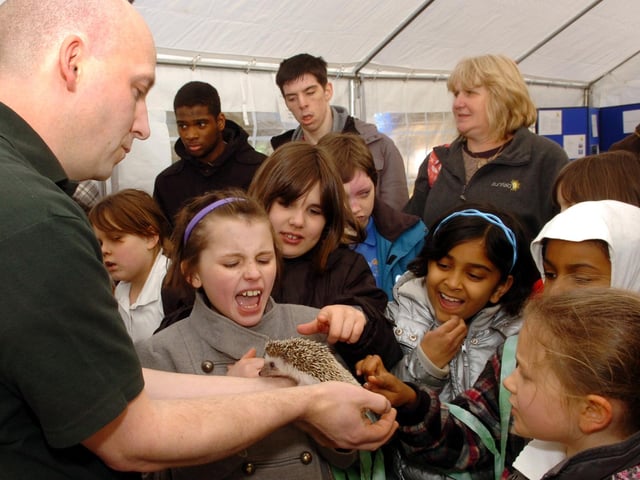 Kettering: Wicksteed Park. Dean Smith shows children from Greenfield school Kettering a baby Hedgehog. March 2011