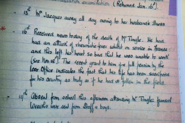 The Granby School log book recording Mr Tingle's death