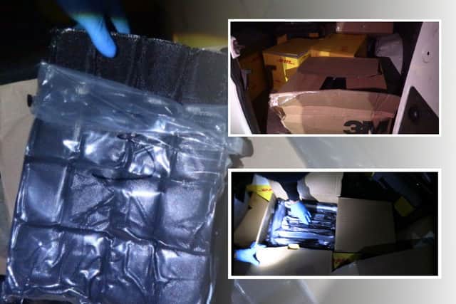140kg of cannabis was packed into boxes inside cars on a car transporter. Image: NW